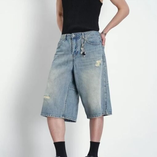 Vapetix S-2XL  High-waisted summer new holey straight-leg pants, ragged shorts, wide-leg pants, loose women's slim