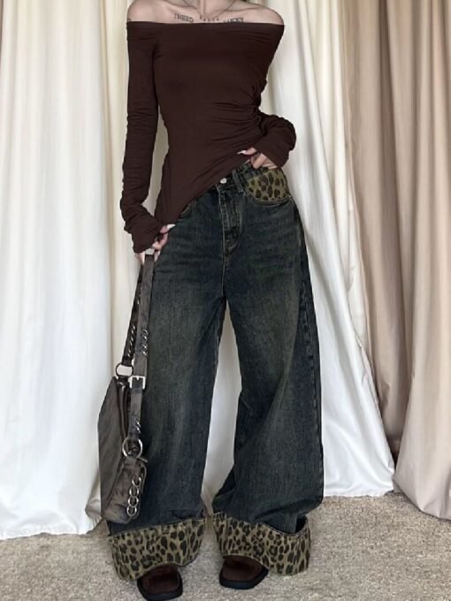 Vapetix XS-XL  Korean-style new American retro leopard print hemmed indie design patchwork women's wide-leg pants