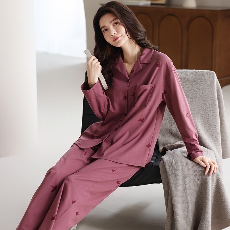 Vapetix M-XXL Ladies' New Spring and Autumn Season 100% Cotton Open Neck Casual Long Sleeve Pajama Set Wearable O