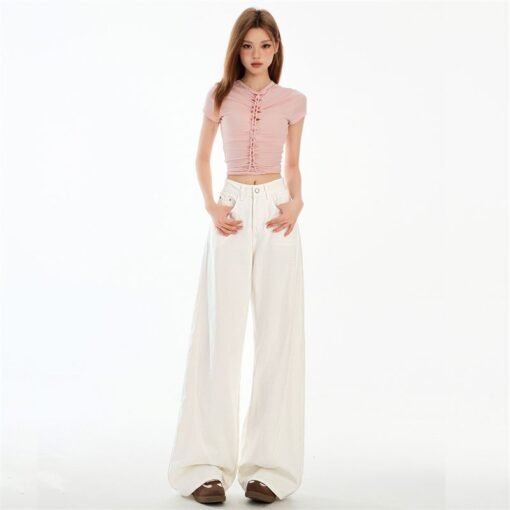 Vapetix XS-XL  Photographed White Lazy Style Wide Leg Denim Spring 2025 High-Waisted Loose Fitting Slimming Americ