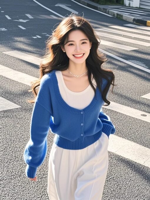 Vapetix Free Size-Free Size  Stylish Youthful Upgrading Blouse Blue Pencil Dress Knit Top for Women 2025 Autumn New Arrival Tren