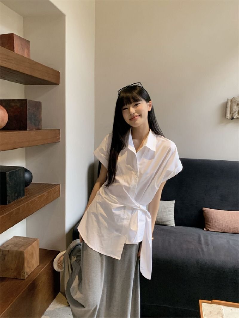 Vapetix S-XL Chic waist-cinch strap short-sleeve polo collar white women's summer slimming medium-length French – Bild 2