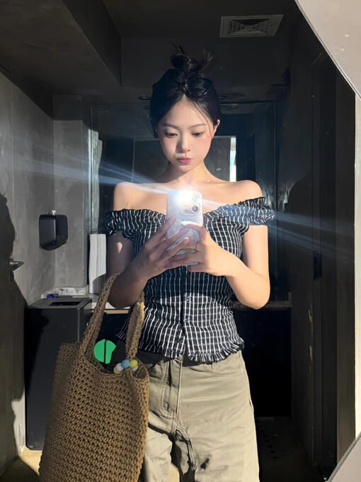 Vapetix S-XL  Korean Retro Black and White Gingham One-Shoulder Women's Summer Two-Way Off-the-Shoulder Backless – Bild 2