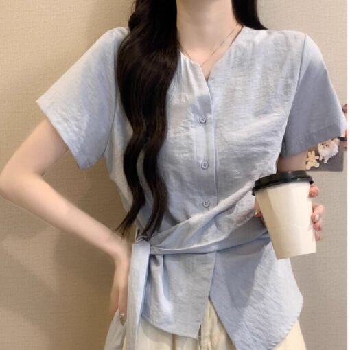 Vapetix S-3XL  Cloud Pocket Short-Sleeve Shirt for Women - 2025 Summer New French V-Neck Bohemian Waist Cinching I
