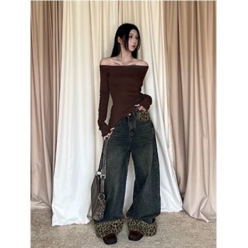 Vapetix XS-XL  Korean-style new American retro leopard print hemmed indie design patchwork women's wide-leg pants – Bild 2