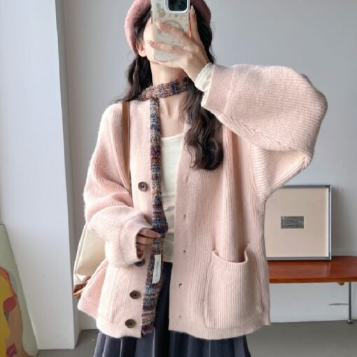 Vapetix Free Size-Free Size  Women's V-neck cardigan coat, 2025 new arrival, high-end, lazy style, relaxed feeling, loose top – Bild 2