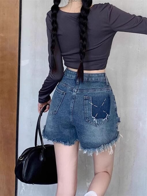 Vapetix S-XL  Korean-style design frayed hole denim shorts for women, summer American retro high-waisted slimming – Bild 2