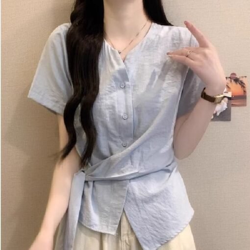 Vapetix S-3XL  Cloud Pocket Short-Sleeve Shirt for Women - 2025 Summer New French V-Neck Bohemian Waist Cinching I – Bild 2