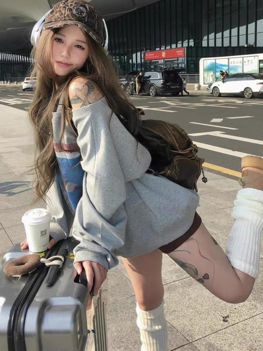 Vapetix M-2XL High-Quality 【Mamba Cotton 300g】Vintage American Print Sloping Shoulder Hoodie for Women - Loose To