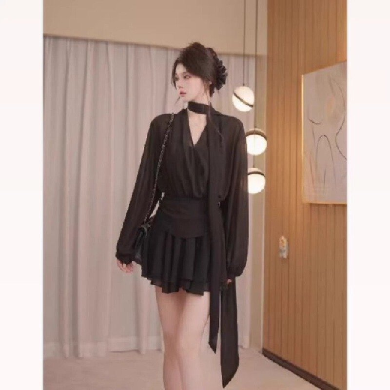 Vapetix S-2XL V-neck black women's summer 2025 new retro short pleated tie-dye chiffon dress with design sense, b – Bild 3