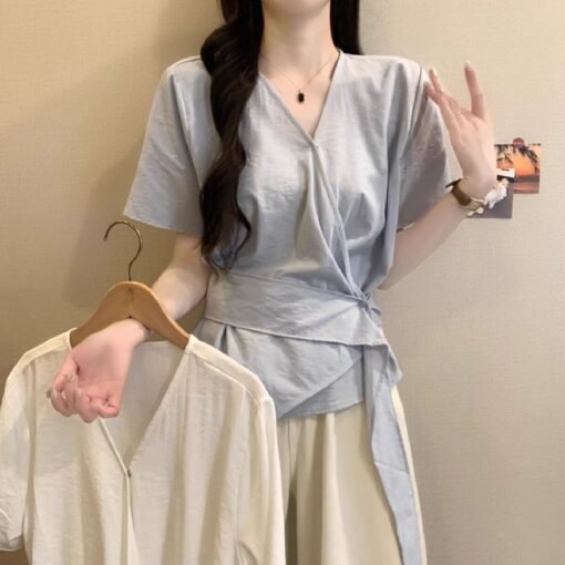Vapetix S-3XL  Cloud Pocket Short-Sleeve Shirt for Women - 2025 Summer New French V-Neck Bohemian Waist Cinching I – Bild 3