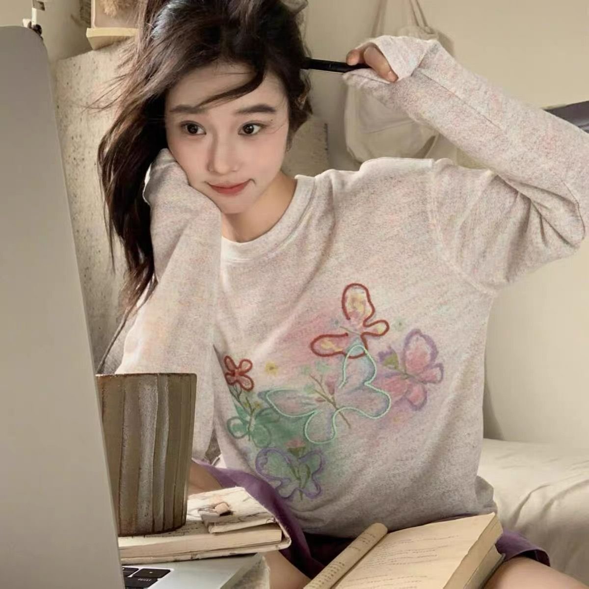 Vapetix S-XL Guangzhou Original Fabric Colorful Hand-painted Graffiti Sun Protection Sweatshirt for Women, Net M – Bild 2