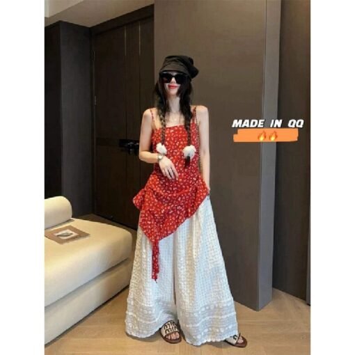 Vapetix S-2XL  Lace Embroidery Lace-up Ice Silk Wide Leg Pants for Women Summer Thin Sensual Casual Cool Pants – Bild 2