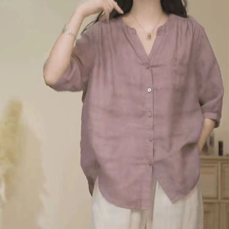 Vapetix M-3XL Korean Version Art Deco Retro Summer Thin Cotton Linen Shirt Women Loose V-Neck Blouse Jacket Casua – Bild 2