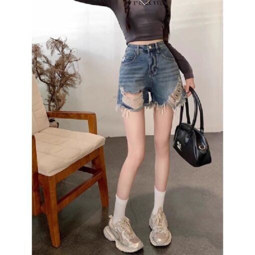 Vapetix S-XL  Korean-style design frayed hole denim shorts for women, summer American retro high-waisted slimming – Bild 3