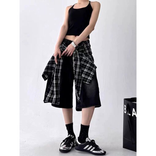 Vapetix S-XL  Designer Grid Stitched Denim Shorts for Women 2025 Summer New Loose Wide Leg Mid-Calf Pants Five-Ei