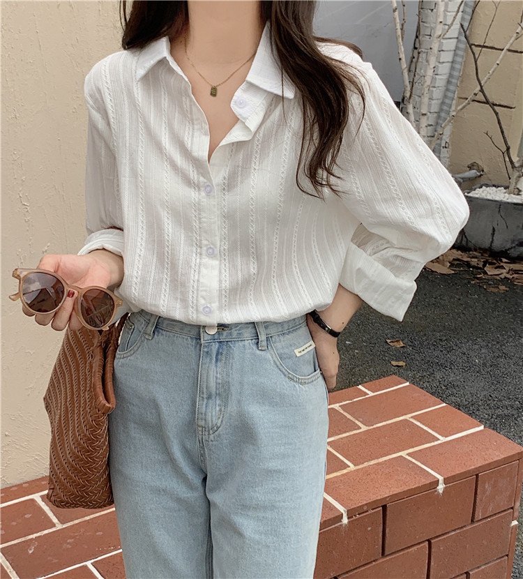 Vapetix S-L 2025 Korean Style French-Chic Collar Single-Breasted Button Down Simple Versatile Gentle Dark Strip – Bild 3