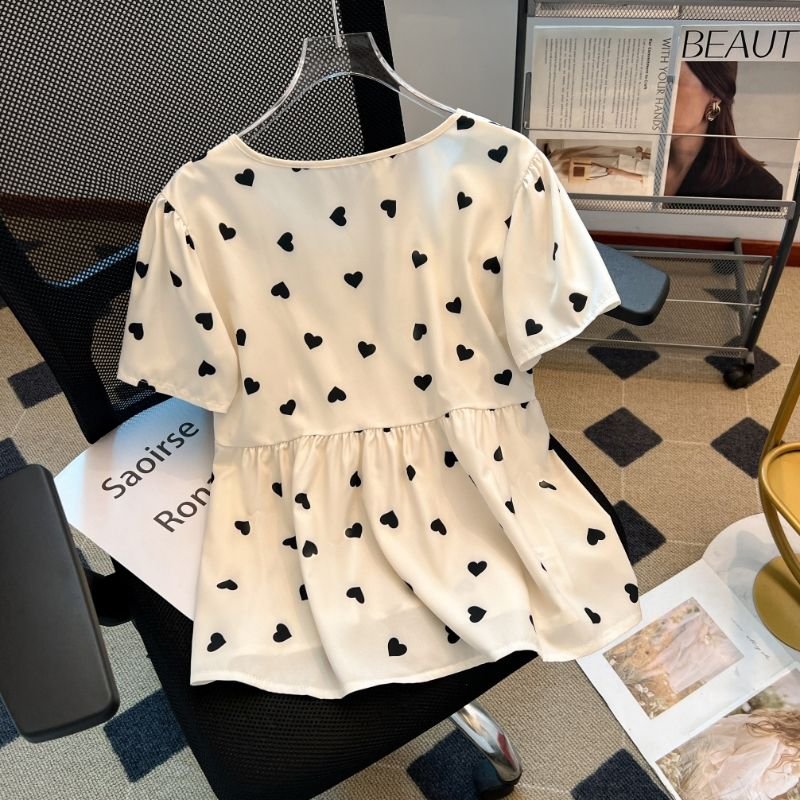 Vapetix Free Size-Free Size Stylish and Versatile Heart Short-Sleeve Shirts for Women - 2025 Summer New Arrival, French Subtle