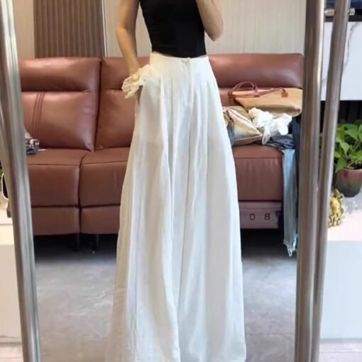 Vapetix S-2XL  White Ice Silk Pleated Wide Leg Pants for Women - Summer 2025 New Arrival High-Waisted Flowy Cool T – Bild 2
