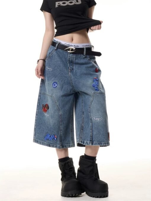 Vapetix S-XL  Korean-American Retro Dog Patchwork Denim 7/8 Length Pants for Women - Summer Loose Fit Versatile W – Bild 2