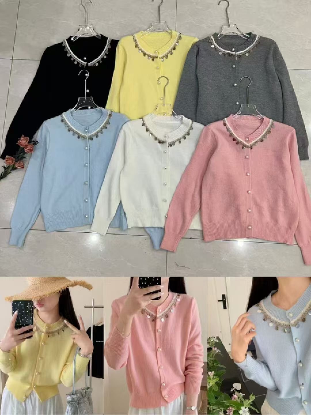 Vapetix Free Size-Free Size Autumn/Winter New Chanel-style Heavy Work Embroidered Bead Knit Cardigan Coat Korean Style Youthful – Bild 3