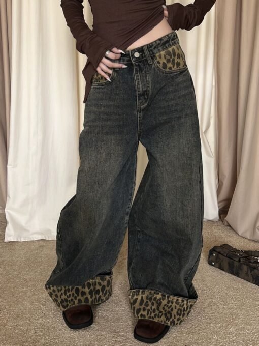 Vapetix XS-XL  Korean-style new American retro leopard print hemmed indie design patchwork women's wide-leg pants – Bild 3