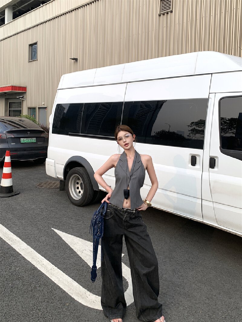 Vapetix S-XL Shot! Necktie Suit Sexy Backless Straps Blouse Top Women Loose Black Low-Waist Casual Denim Trend – Bild 4