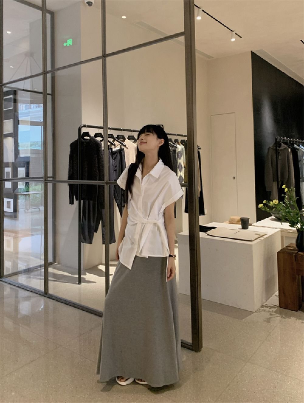 Vapetix S-XL Chic waist-cinch strap short-sleeve polo collar white women's summer slimming medium-length French – Bild 3