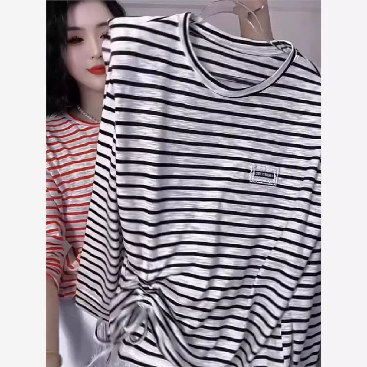 Vapetix Free Size-Free Size Front drawstring, front piece with riveted patch material, thin striped women's long-sleeved sun sh – Bild 4
