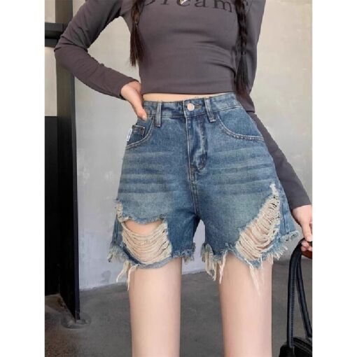 Vapetix S-XL  Korean-style design frayed hole denim shorts for women, summer American retro high-waisted slimming – Bild 4