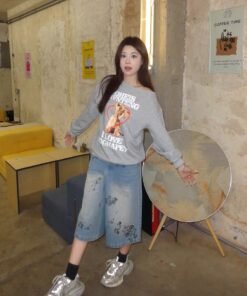 Vapetix M-2XL  High-quality Mamba Cotton 300g Vintage American Print Asymmetrical Shoulder Hoodie Women's Loose To