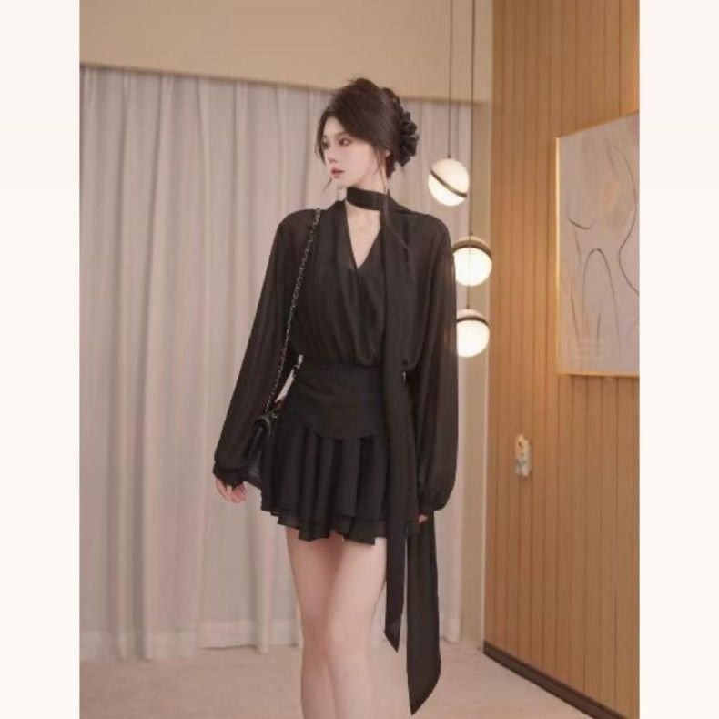 Vapetix S-2XL V-neck black women's summer 2025 new retro short pleated tie-dye chiffon dress with design sense, b – Bild 6