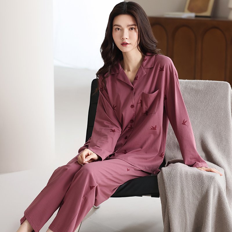 Vapetix M-XXL Ladies' New Spring and Autumn Season 100% Cotton Open Neck Casual Long Sleeve Pajama Set Wearable O – Bild 2