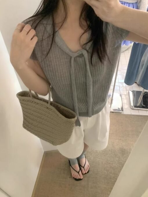 Vapetix Free Size-Free Size  Summer 2025 New Gentle Ribbon Laced Solid Color Knit Short Sleeve Top Women's Comfort Shirt Ins – Bild 4