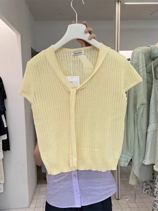 Vapetix Free Size-Free Size  Summer 2025 New Gentle Ribbon Laced Solid Color Knit Short Sleeve Top Women's Comfort Shirt Ins – Bild 5