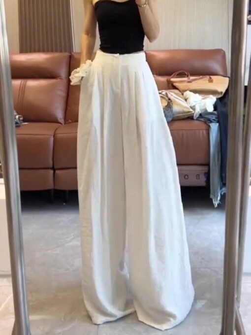 Vapetix S-2XL  White Ice Silk Pleated Wide Leg Pants for Women - Summer 2025 New Arrival High-Waisted Flowy Cool T – Bild 3