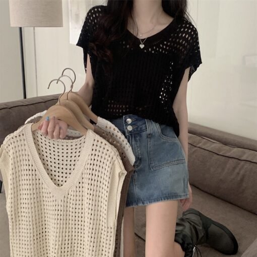 Vapetix Free Size-Free Size  Korean Version New Grid Hollow Design Sensory Unconventional Loose Knit Top Women Summer Versatile – Bild 3