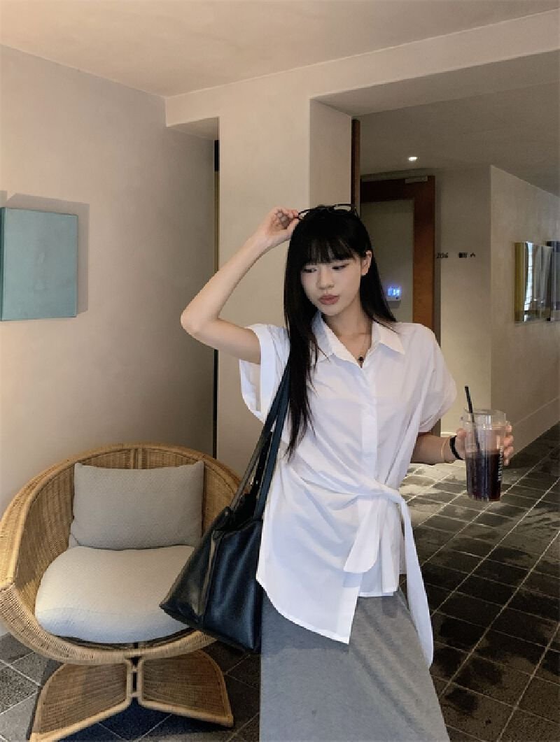 Vapetix S-XL Chic waist-cinch strap short-sleeve polo collar white women's summer slimming medium-length French – Bild 6