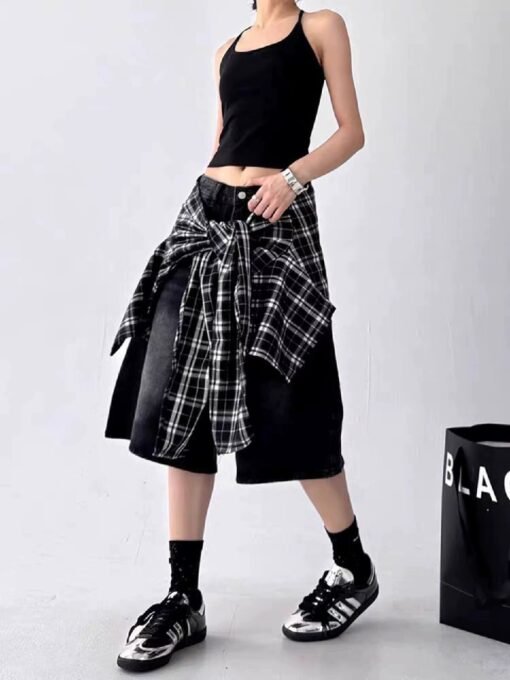 Vapetix S-XL  Designer Grid Stitched Denim Shorts for Women 2025 Summer New Loose Wide Leg Mid-Calf Pants Five-Ei – Bild 4