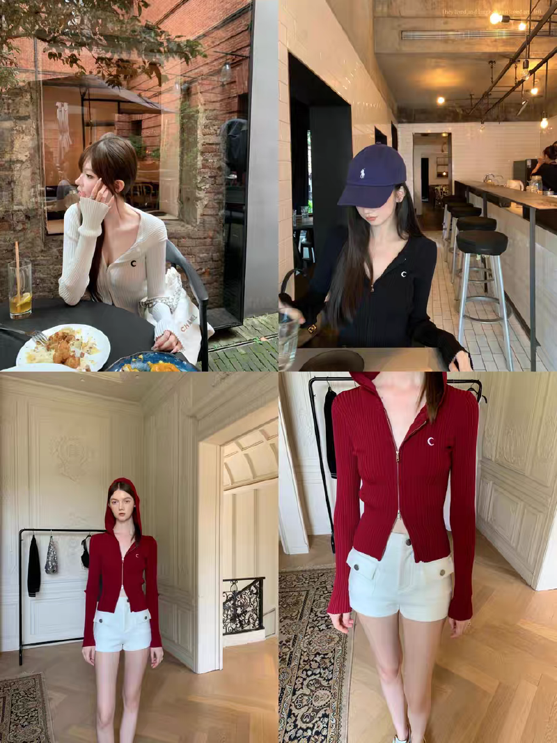 Vapetix Free Size-Free Size Three-Color Hooded Ribbed Knit Cardigan, Versatile and Slimming Zipper Sweatshirt Top