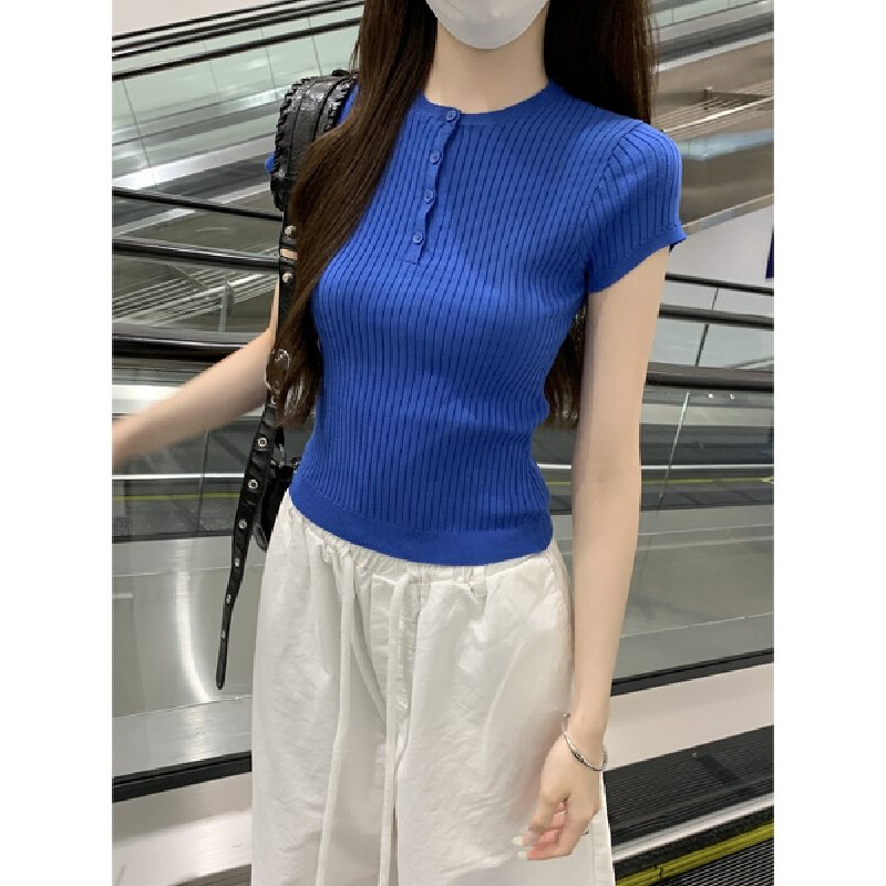 Vapetix Free Size-Free Size Photographed Summer Korean Style Fitted Crew Neck Button-up Versatile 6 Wool Knit Shirt Short Sleev - 图片 5