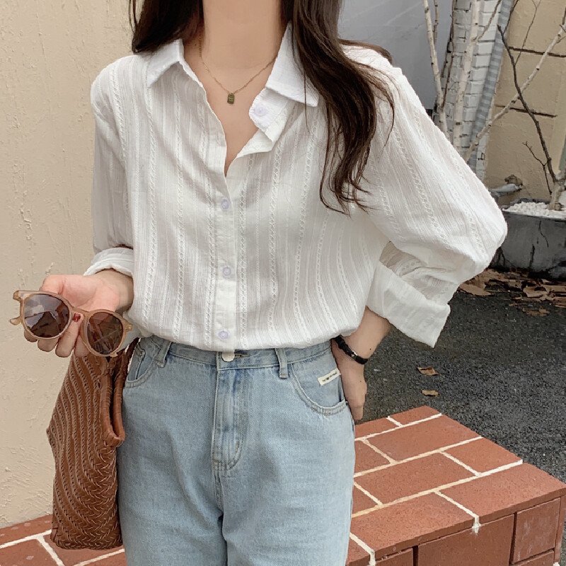 Vapetix S-L 2025 Korean Style French-Chic Collar Single-Breasted Button Down Simple Versatile Gentle Dark Strip – Bild 4