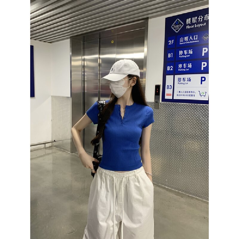 Vapetix Free Size-Free Size Photographed Summer Korean Style Fitted Crew Neck Button-up Versatile 6 Wool Knit Shirt Short Sleev - 图片 6