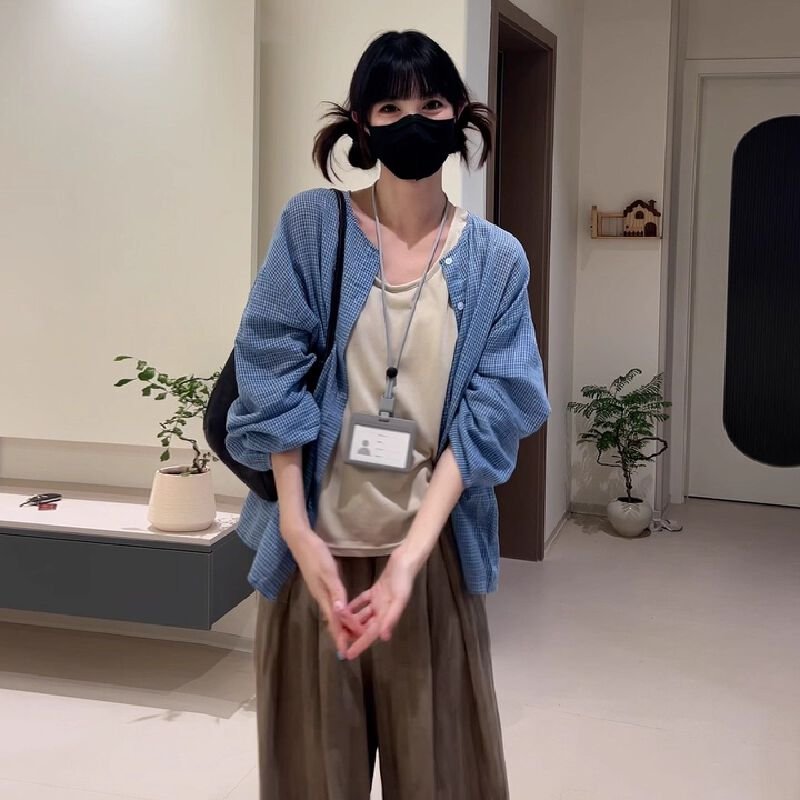 Vapetix S-2XL French blue checkered sunscreen shirt jacket for women, summer thin style, 2025 new arrival loose l – Bild 3