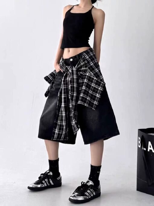 Vapetix S-XL  Designer Grid Stitched Denim Shorts for Women 2025 Summer New Loose Wide Leg Mid-Calf Pants Five-Ei – Bild 5