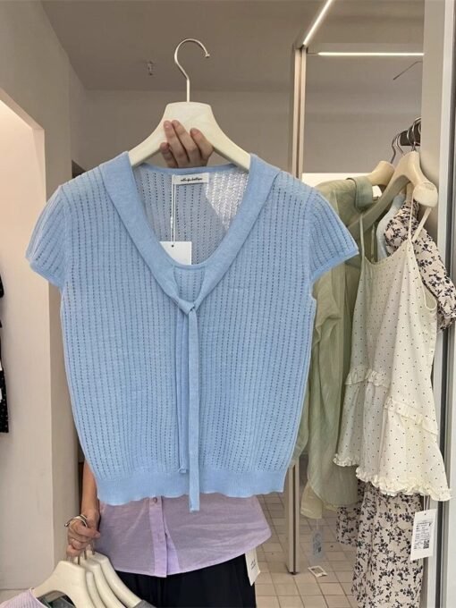 Vapetix Free Size-Free Size  Summer 2025 New Gentle Ribbon Laced Solid Color Knit Short Sleeve Top Women's Comfort Shirt Ins – Bild 6