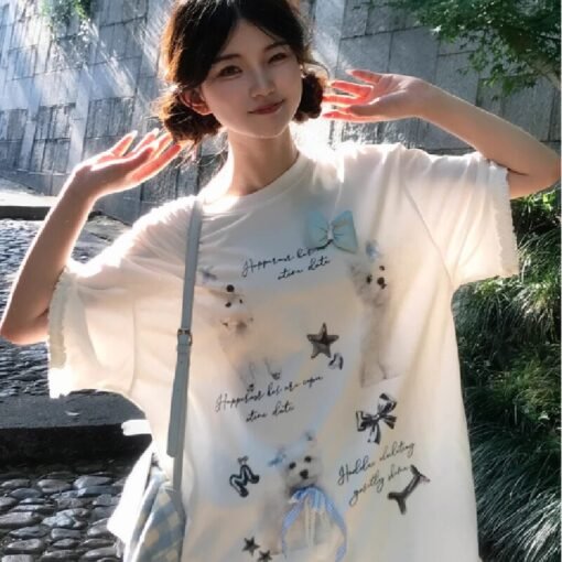 Vapetix S-2XL  Sorona 2025 Summer New Arrival Korean Style Fashion Slim Fit Crew Neck T-Shirt with Dog Bow – Bild 5