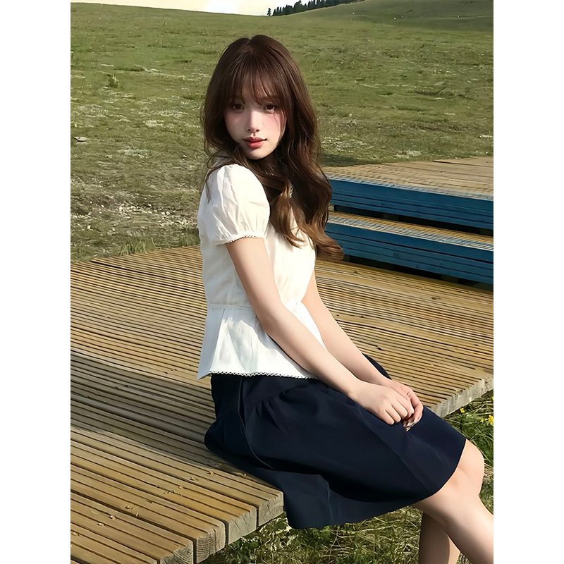 Vapetix S-XL White Babydoll Collar Short-Sleeve Women's Summer Bubble Sleeve Blouse, Fitted Slimming Collared To – Bild 2