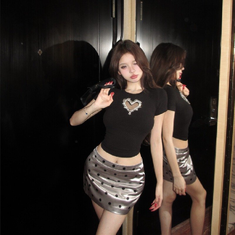 Vapetix S-M Real shot! Hollow-out sparkling diamond slim-fit short-sleeved T-shirt for women, polka dot low-wai – Bild 4