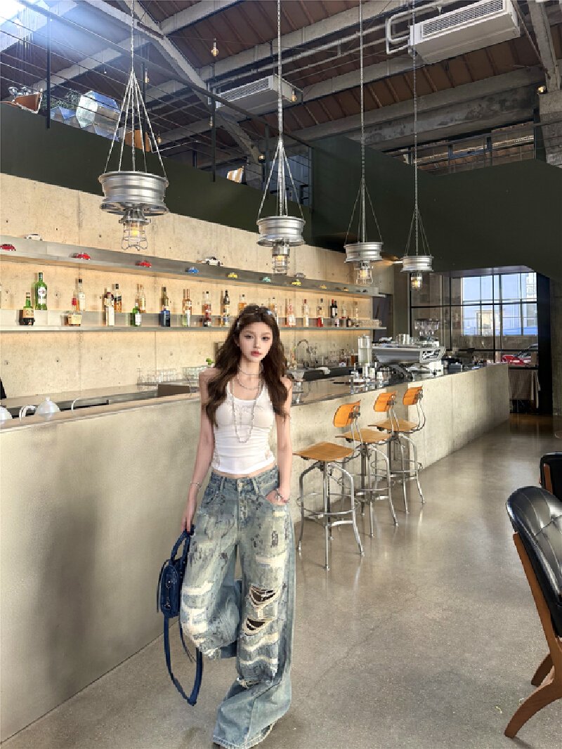 Vapetix S-XL Photographed! Sexy back slimming hot girl top women loose low-rise casual pants wide-leg pants ripp – Bild 5